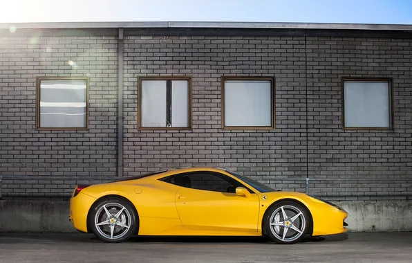 Picture the sky, yellow, the building, Windows, profile, ferrari, Ferrari, yellow