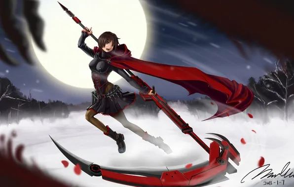 Picture girl, night, weapons, the moon, mechanism, braid, cloak, rwby