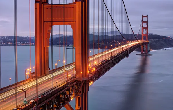 Mountains, bridge, lights, Strait, support, San Francisco, Golden Gate, USA