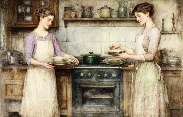 Girl, kitchen, two girls, imitation painting, AI art, neural network