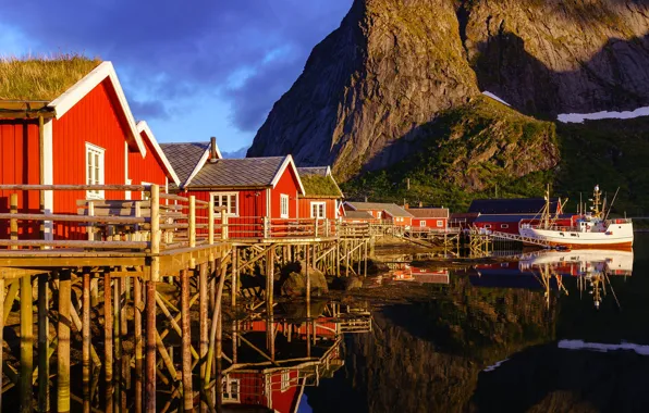 Light, mountains, reflection, shore, boat, Norway, red, houses