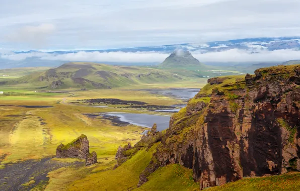 The sky, grass, clouds, flowers, mountains, rocks, the slopes, Iceland