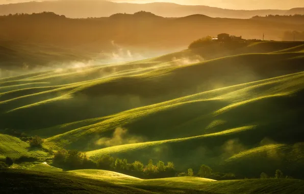 Fog, house, hills, the slopes, green, Italy, haze, Tuscany