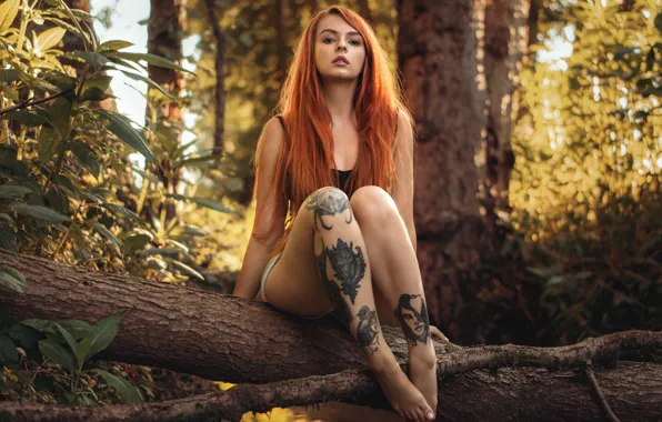 Girl, shorts, tattoo, red, legs, sitting, Martin Kühn, Katja