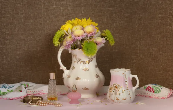 Picture flowers, perfume, necklace, still life, chrysanthemum, bottles