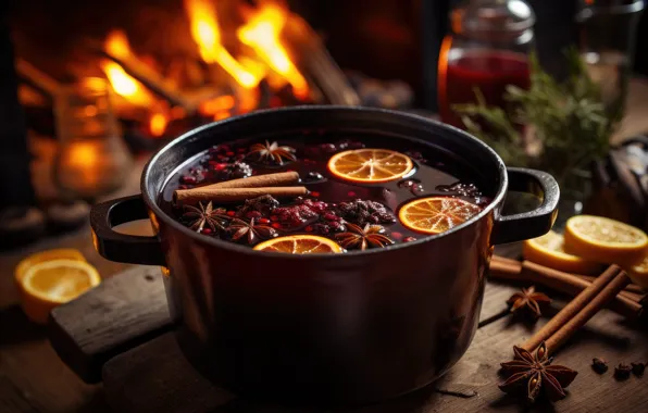 The dark background, table, oranges, Christmas, New year, pan, drink, cinnamon