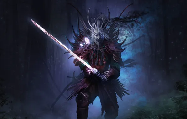 Night, Forest, Armor, Warrior, Weapons, Japan, The demon, Fantasy