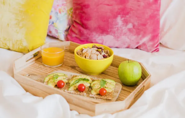 Breakfast, fruit, cereal, sandwiches