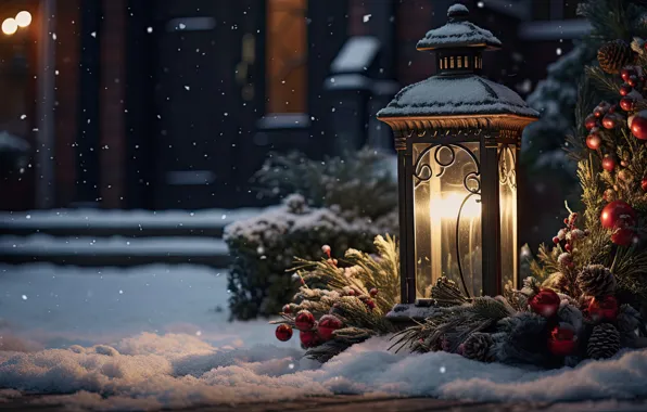 Winter, snow, decoration, night, New Year, Christmas, lantern, light