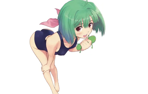 Swimsuit, girl, white background, green hair, art, Macross Frontier, Tony Taka, Ranka Lee