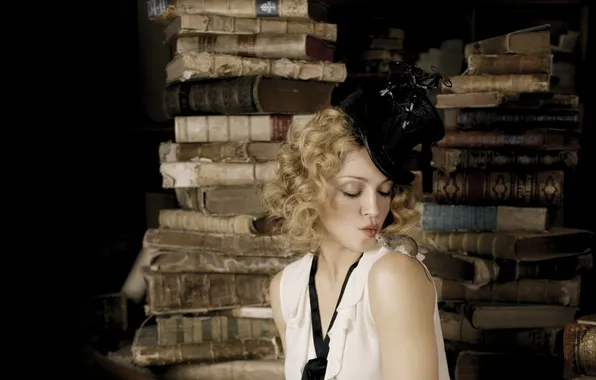 Look, face, background, books, hat, mouse, actress, lips