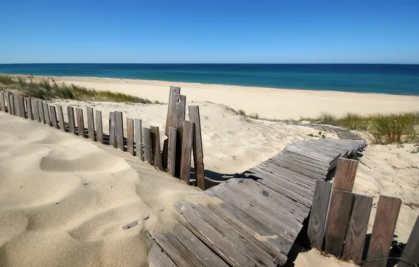 Sand, beach, the ocean, shore, the fence, horizon, steps