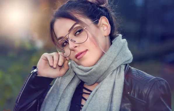 Look, girl, model, brunette, glasses, jacket, scarf, Chessa