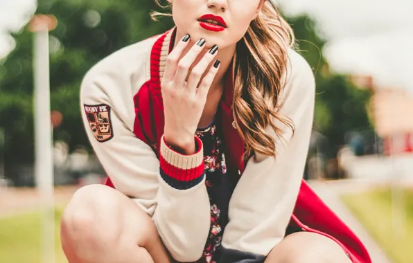 Girl, jacket, red lips