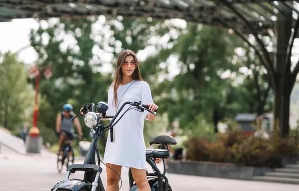 Picture girl, summer, dress, bike, cute, sunglasses