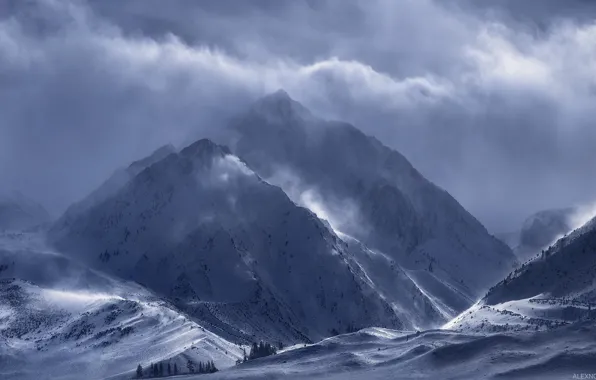 Winter, clouds, snow, mountains