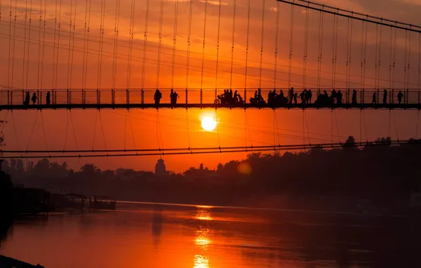 Picture the sun, sunset, bridge, river, India, Ganges, Rishikesh