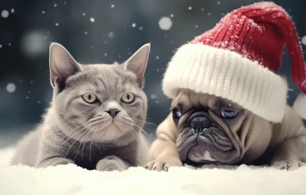 Winter, cat, cat, look, snow, grey, dog, Christmas