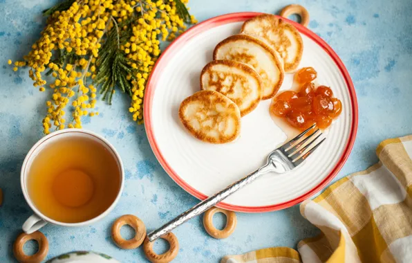 Tea, jam, Mimosa, Pancakes