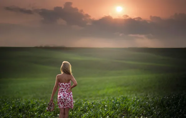 Field, girl, the sun, space