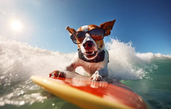 Sea, wave, water, dog, surfing, face, surfer, sunglasses