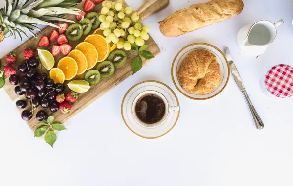 Breakfast, milk, bread, fruit, cakes, jam, bread, breakfast