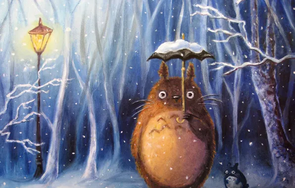 Picture winter, snow, umbrella, anime, art, lantern, my neighbor Totoro, totoro