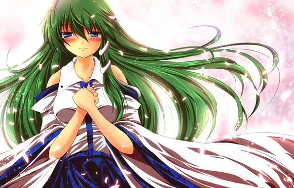 Girl, petals, art, green hair, touhou, kochi have done the art, nekominase