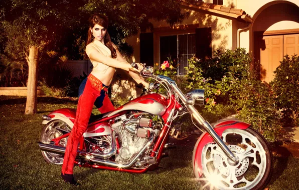 Girl, model, plants, garden, motorcycle, in red, chrome, chopper