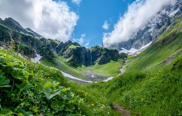 Grass, clouds, mountains, meadow, gorge, Switzerland