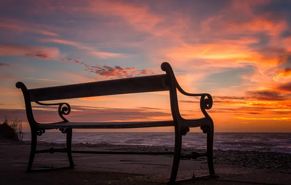 Picture the sky, sunset, bench