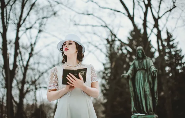 Girl, hair, beauty, hat, lips, book, statue, Christ