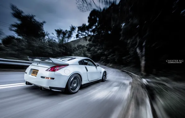 Road, forest, tuning, speed, nissan, spoiler, 350z, road