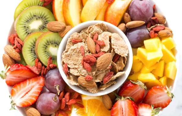Orange, kiwi, strawberry, grapes, fruit, mango, nuts, cereal