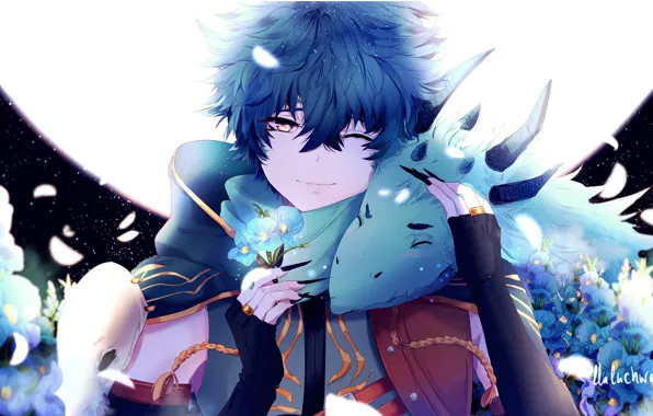 Wallpaper flowers, night, dragon, guy