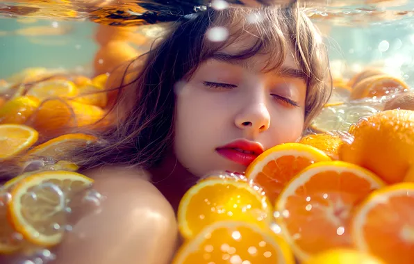 Woman, with, fruits, tropical, portrait, swimming, summertime