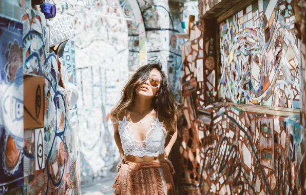 Picture girl, pose, street, glasses, top, Rie