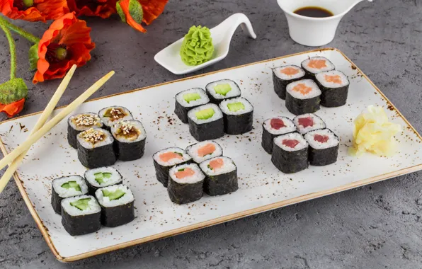 Ginger, soy sauce, Rolls, wasabi