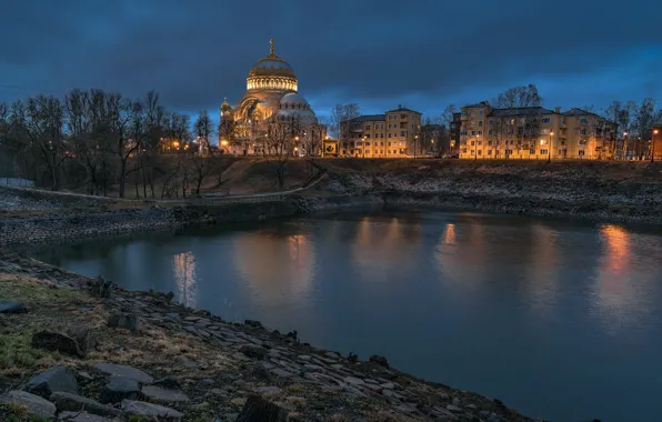 Picture landscape, night, the city, pond, building, home, Peter, lighting