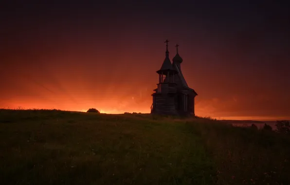 Field, sunset, Church, wooden architecture