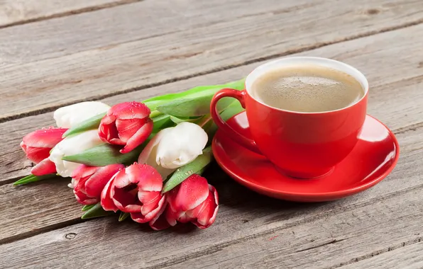 Flowers, bouquet, tulips, red, white, wood, flowers, tulips