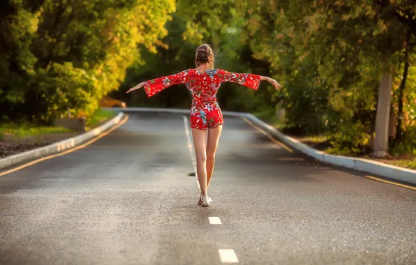 Girl, road, dress, legs, trees, brown hair, photo, photographer