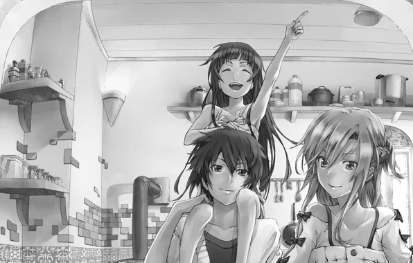 Girl, love, happiness, smile, black and white, anime, family, kitchen