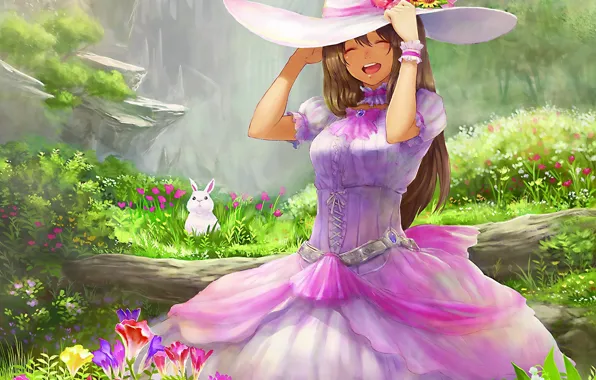 Picture white, girl, joy, flowers, emotions, hare, hat, rabbit