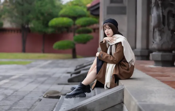 Girl, scarf, legs, Asian, sitting, coat, takes