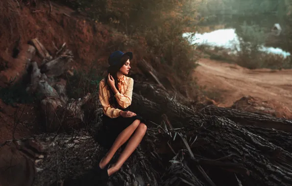 Picture forest, girl, trees, river, skirt, portrait, hat, logs