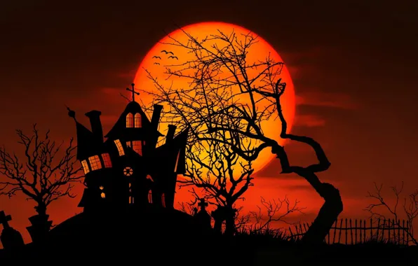 Picture house, tree, the moon, vector, silhouette, Halloween, Halloween