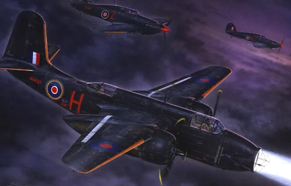 Night, figure, art, attack, Douglas A-20 Havoc, light bomber and night fighter, Havoc Mk II, …