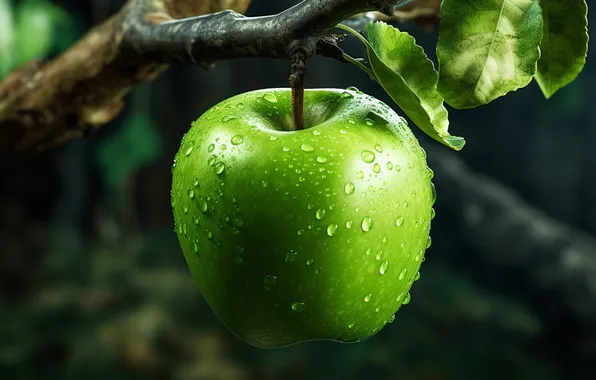 Drops, Apple, branch, green, Apple, on the branch, AI art, neural network