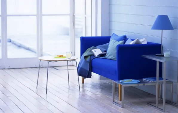 Blue, design, style, table, room, sofa, lamp, food